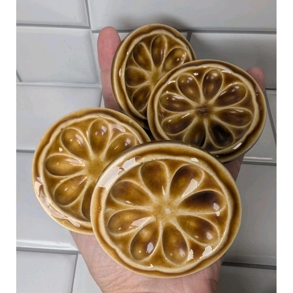 4 Vintage MCM 60s Brown Flower Ceramic Dresser Drawer Pull Kitchen Knobs 3